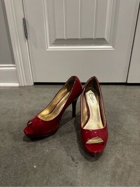 Candie's Red Patent Peep-Toe Platform Heels